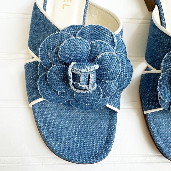 Chanel Blue Denim Camellia Flower Slip On Sandals Womens 37 - Picture 3 of 8